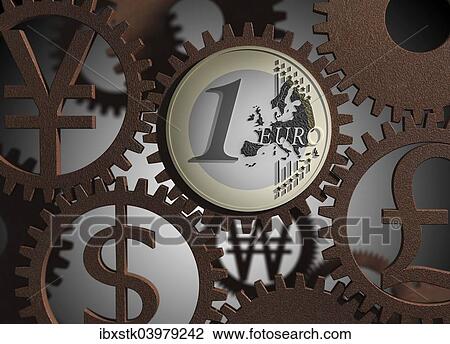 "Euro coin, various currency symbols, cog wheels, illustration" View Large Photo Image Stock Image - "Euro coin, various currency symbols, cog wheels, illustration". Fotosearch