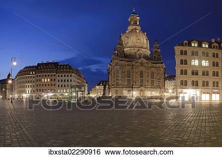 Stock Photograph - "Evening mood in the town centre of Dresden with Frauenkirche, Church of Our Lady, Saxony, Germany, Europe, PublicGround, Europe". Fotosearch