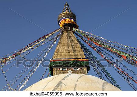 Stock Photograph - "Eyes of Buddha, Boudhanath Stupa, Boudhanath, UNESC World Heritage Site, Kathmandu, Nepal, Asia". Fotosearch