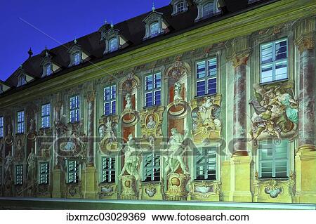 Stock Photo - "Facade of the Old Town Hall in the evening light, with frescoes from 1755 by the artist Johann Anwander, 1715-1770, Obere Brucke 1, Altstadt, Bamberg, Upper Franconia, Bavaria, Germany, Europe". Fotosearch