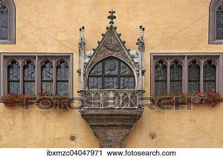 Stock Image - "Facade with a bay, Old Town Hall, 16th century, Regensburg, Upper Palatinate, Bavaria, Germany, Europe". Fotosearch