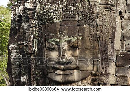 Picture - "Face tower, detail, the Bayon, temple, Angkor Thom, Siem Reap, Cambodia, Asia". Fotosearch