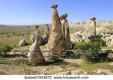Stock Image - "Fairy chimneys, rock formations of tufa near Cavushin, Goreme, Cappadocia, central Anatolia, Turkey, Asia". Fotosearch