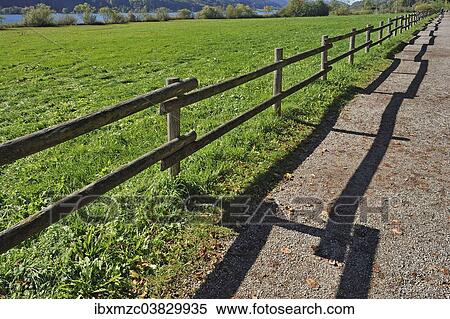 Stock Photography - "Fence with a shadow along the promenade path, Buhl am Alpsee, Allgau, Bavaria, Germany, Europe". Fotosearch