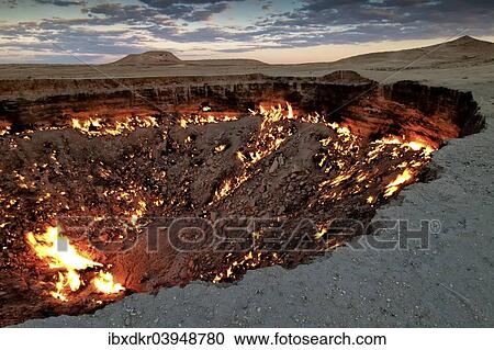 "Fire crater, gas crater, """"Door to Hell"""" Darvaza crater, Derweze or Darvaza, Karakum Desert, Dasoguz Province, Turkmenistan, Asia" View Large Photo Image Stock Image - "Fire crater, gas crater, """"Door to Hell"""" Darvaza crater, Derweze or Darvaza, Karakum Desert, Dasoguz Province, Turkmenistan, Asia". Fotosearch