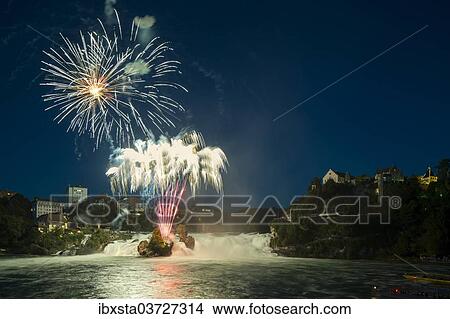 Picture - "Fireworks at the Rhine Falls during the Swiss National Day celebrations, Schaffhausen, Canton of Schaffhausen, Switzerland, Europe". Fotosearch