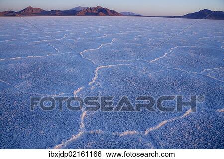 Stock Photograph - First light on Bonneville Salt Flats near the Utah-Nevada border. The morning light highlights the delicate colors of the salt crystal patterns that form on the crust of the surface.. Fotosearch
