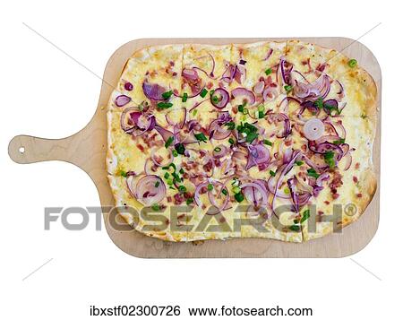 "Flammkuchen, Tarte Flambee with onions and bacon, savoury, served on a wooden board" View Large Photo Image Stock Photograph - "Flammkuchen, Tarte Flambee with onions and bacon, savoury, served on a wooden board". Fotosearch