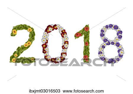 Stock Image - Flowers arranged to show the year 2018. Fotosearch