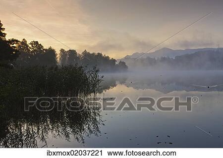 Stock Image - "Fog on Lake Staffelsee with the island of Woerth near Seehausen, Murnau, Upper Bavaria, Bavaria, Germany, Europe, PublicGround, Europe". Fotosearch