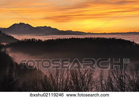 "Foggy mood in the evening light with view on Mt. Pilatus, Zug, Switzerland, Europe" View Large Photo Image Stock Photograph - "Foggy mood in the evening light with view on Mt. Pilatus, Zug, Switzerland, Europe". Fotosearch