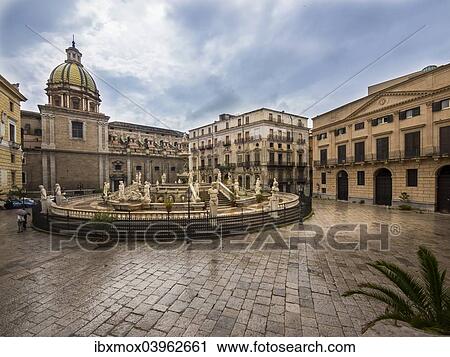 "Fontana della Vergogna fountain in Piazza Pretoria by the Florentine Mannerist sculptor Francesco Camilliani, 1554, 1555, church of San Giuseppe dei Teatini at the back, Palermo, Sicily, Italy, Europe" View Large Photo Image Stock Image - "Fontana della Vergogna fountain in Piazza Pretoria by the Florentine Mannerist sculptor Francesco Camilliani, 1554, 1555, church of San Giuseppe dei Teatini at the back, Palermo, Sicily, Italy, Europe". Fotosearch