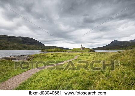 "Footpath to the ruins of Ardvreck Castle on a peninsula in the lake of Loch Assynt, Sutherland, Schottisches Hochland, Scotland, United Kingdom, Europe" View Large Photo Image Stock Image - "Footpath to the ruins of Ardvreck Castle on a peninsula in the lake of Loch Assynt, Sutherland, Schottisches Hochland, Scotland, United Kingdom, Europe". Fotosearch