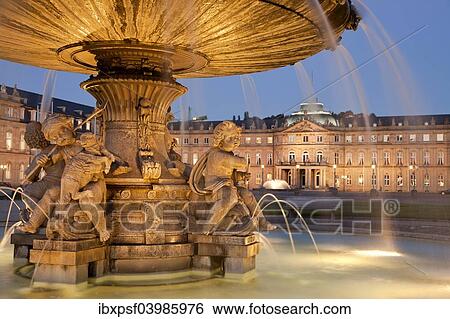 "Fountain on Schlossplatz and New Palace at night, Stuttgart, Baden-Wurttemberg, Germany, Europe" View Large Photo Image Stock Photograph - "Fountain on Schlossplatz and New Palace at night, Stuttgart, Baden-Wurttemberg, Germany, Europe". Fotosearch