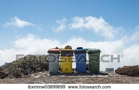 "Four rubbish bins against a blue sky, Roque de los Muchachos, La Palma, Canary Islands, Spain, Europe" View Large Photo Image Stock Photo - "Four rubbish bins against a blue sky, Roque de los Muchachos, La Palma, Canary Islands, Spain, Europe". Fotosearch