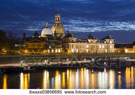 Stock Photography - "Frauenkirche church and Dresden Academy of Fine Arts, Elbe river, at night, historic centre, Dresden, Saxony, Germany, Europe". Fotosearch