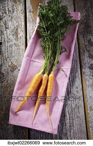 Fresh carrots on a kitchen towel on rustic wood View Large Photo Image Stock Photo - Fresh carrots on a kitchen towel on rustic wood. Fotosearch
