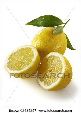 Stock Photo - "Fresh lemons with leaves, one whole and one sliced? Çï? Çïfruit". Fotosearch
