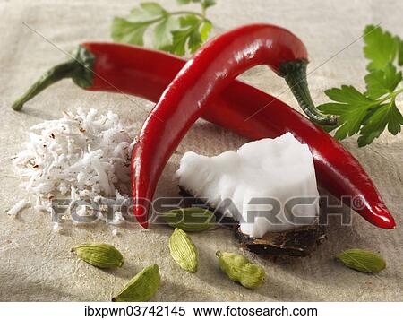 "Fresh red chilis with grated coconut and cardamom seeds, Indian spices" View Large Photo Image Stock Photography - "Fresh red chilis with grated coconut and cardamom seeds, Indian spices". Fotosearch