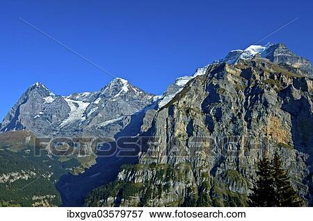 "From left to right, Mt Eiger with the Eiger Glacier at back, Mt Moench and Mt Jungfrau, Berner Oberland, Murren, Canton of Bern, Switzerland, Europe" View Large Photo Image Stock Photo - "From left to right, Mt Eiger with the Eiger Glacier at back, Mt Moench and Mt Jungfrau, Berner Oberland, Murren, Canton of Bern, Switzerland, Europe". Fotosearch