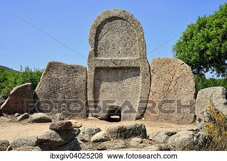 Stock Photo - "Front with portal rock, Giants' grave S? ÇÖEna? ÇÖe Thomes, bronze age, Bonnanaro culture, in Dorgali, Province of Nuoro, Sardinia, Italy, Europe". Fotosearch
