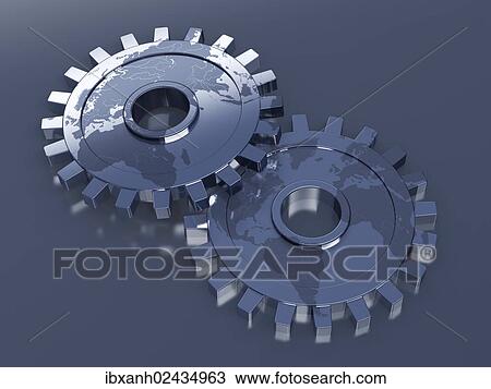 "Gears with a world map, 3D illustration" View Large Photo Image Stock Image - "Gears with a world map, 3D illustration". Fotosearch