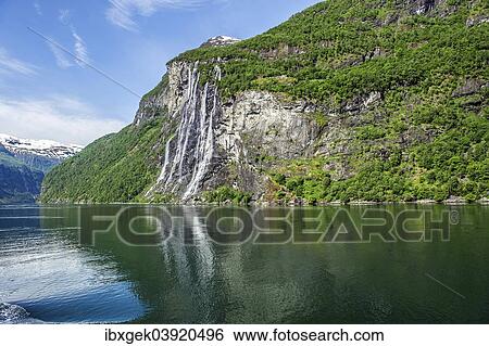 "Geirangerfjord, Seven Sisters waterfall, Dei Sju Systrene in Norwegian, Knivsfla farm top right, More og Romsdal province, Vestland or Western Norway, Norway, Europe" View Large Photo Image Stock Photograph - "Geirangerfjord, Seven Sisters waterfall, Dei Sju Systrene in Norwegian, Knivsfla farm top right, More og Romsdal province, Vestland or Western Norway, Norway, Europe". Fotosearch