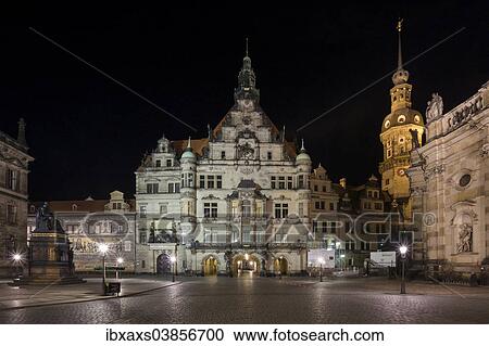 Stock Image - "Georgenbau or Georgentor building and Dresden Castle at night, historic centre, Dresden, Saxony, Germany, Europe". Fotosearch