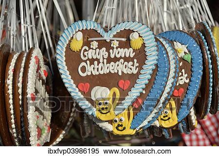 Stock Photography - "Gingerbread hearts at a stall, Oktoberfest, Munich, Upper Bavaria, Bavaria, Germany, Europe". Fotosearch