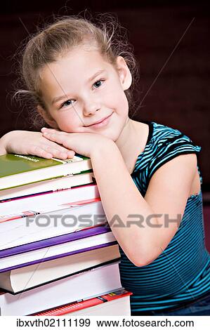"Girl, 8, leaning against a stack of books" View Large Photo Image Stock Photo - "Girl, 8, leaning against a stack of books". Fotosearch