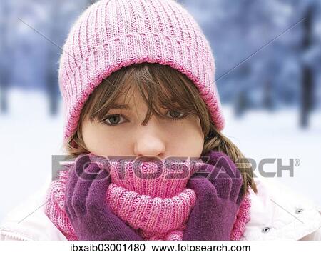 "Girl with pink woolly hat, portrait, winter" View Large Photo Image Stock Image - "Girl with pink woolly hat, portrait, winter". Fotosearch