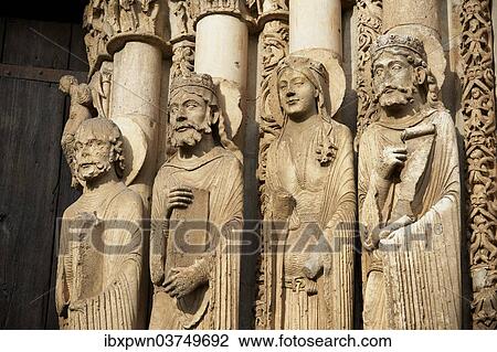 Stock Image - "Gothic figures, west facade, central portal, circa 1145, Cathedral of Chartres, UNESCO World Heritage Site, France, Europe". Fotosearch