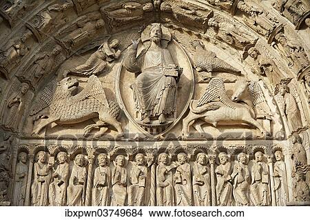 "Gothic sculptures of Christ Pantocrator surrounded by the four Evangelist symbols, west facade, central portal tympanum, circa 1145, Cathedral of Chartres, UNESCO World Heritage Site, France, Europe" View Large Photo Image Picture - "Gothic sculptures of Christ Pantocrator surrounded by the four Evangelist symbols, west facade, central portal tympanum, circa 1145, Cathedral of Chartres, UNESCO World Heritage Site, France, Europe". Fotosearch