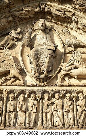 "Gothic sculptures of Christ Pantocrator surrounded by the four Evangelist symbols, west facade, central portal tympanum, circa 1145, Cathedral of Chartres, UNESCO World Heritage Site, France, Europe" View Large Photo Image Stock Image - "Gothic sculptures of Christ Pantocrator surrounded by the four Evangelist symbols, west facade, central portal tympanum, circa 1145, Cathedral of Chartres, UNESCO World Heritage Site, France, Europe". Fotosearch