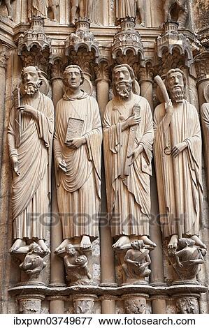 Stock Photo - "Gothic statues of the Apostles carrying the instruments of their deaths, south porch of the Cathedral of Chartres, UNESCO World Heritage Site, Chartres, France, Europe". Fotosearch