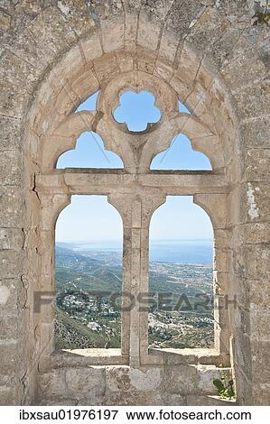 "Gothic tracery, decorated window, St. Hilarion Castle, crusader castle, overlooking sea and coast, Turkish Republic of Northern Cyprus, Cyprus, Europe" View Large Photo Image Stock Photo - "Gothic tracery, decorated window, St. Hilarion Castle, crusader castle, overlooking sea and coast, Turkish Republic of Northern Cyprus, Cyprus, Europe". Fotosearch