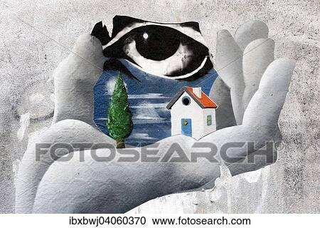 "Graffiti with eye, hand, house, tree, Cologne, North Rhine-Westphalia, Germany, Europe" View Large Photo Image Stock Image - "Graffiti with eye, hand, house, tree, Cologne, North Rhine-Westphalia, Germany, Europe". Fotosearch