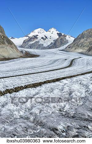 Stock Image - "Great Aletsch Glacier, the mountains Eiger, Monch and Jungfrau at the back, Canton of Valais, Goms, Switzerland, Europe". Fotosearch