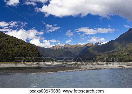 Stock Image - "Haast River in front of the Macfarlane Ridge and Mount Macfarlane, 2057m, Southern Alps, Haast, West Coast Region, New Zealand, Oceania". Fotosearch