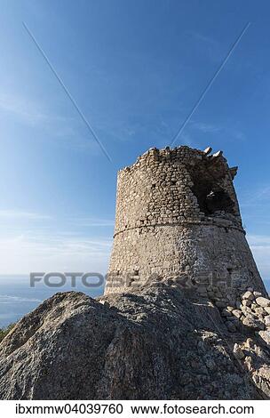 Stock Image - "Half-ruined stone tower, Genoese tower, Corsica, France, Europe". Fotosearch