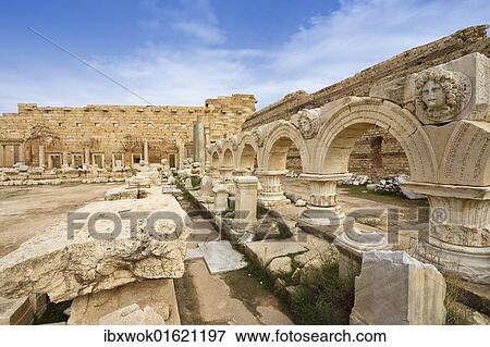 Stock Photo - "Hall with Medusa Medallions, New Forum, Severan Forum, Leptis Magna, Libya, Africa". Fotosearch