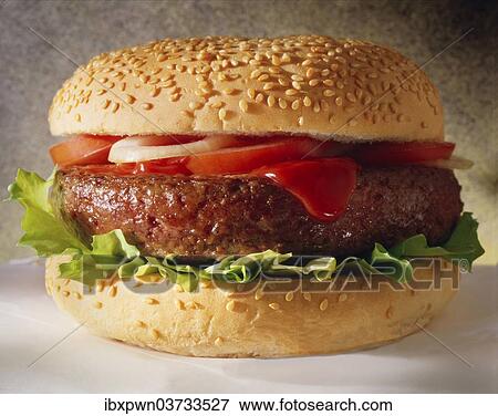 "Hamburger with salad, onions and tomato ketchup" View Large Photo Image Stock Photo - "Hamburger with salad, onions and tomato ketchup". Fotosearch