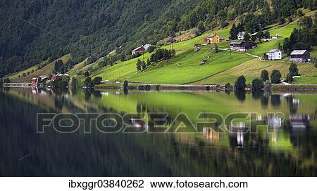 "Hamlet of Heggland reflected in Lake Oppheimsvatnet, Oppheim, Hordaland, Norway, Europe" View Large Photo Image Stock Image - "Hamlet of Heggland reflected in Lake Oppheimsvatnet, Oppheim, Hordaland, Norway, Europe". Fotosearch