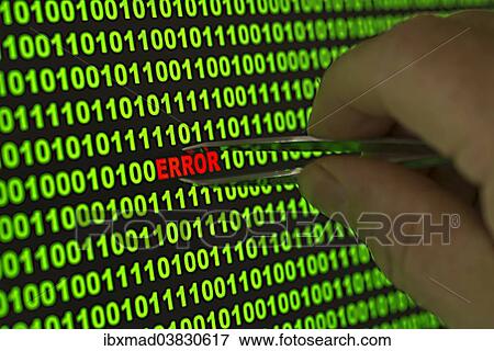 Stock Photo - "Hand reaching for the word """"Error"""" with tweezers in a binary code". Fotosearch