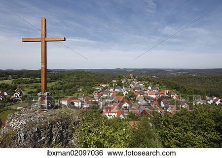 Stock Photograph - "Hartenstein, view from Hirtenberg mountain, Hersbrucker Alb mountains, Middle Franconia, Franconia, Bavaria, Germany, Europe, PublicGround, Europe". Fotosearch