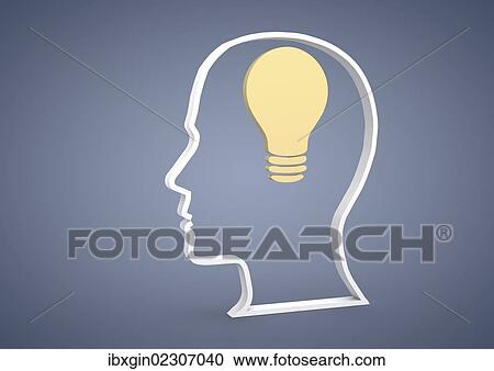 Stock Image - "Head with a light bulb symbol, symbolic image for ideas, inspiration, 3D illustration". Fotosearch