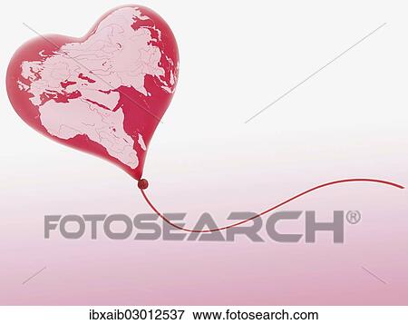 Stock Photo - "Heart-shaped balloon with a map of Europe, Africa, Asia". Fotosearch