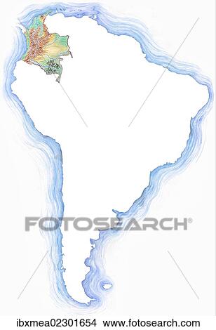 Picture - Highly detailed hand-drawn map of Colombia within the outline of South America. Fotosearch