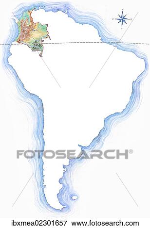 Highly detailed hand-drawn map of Colombia within the outline of South America with a compass rose and the equator View Large Photo Image Stock Photo - Highly detailed hand-drawn map of Colombia within the outline of South America with a compass rose and the equator. Fotosearch