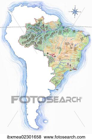 Highly detailed hand-drawn map of Brazil within the outline of South America with a compass rose and the equator View Large Photo Image Stock Photo - Highly detailed hand-drawn map of Brazil within the outline of South America with a compass rose and the equator. Fotosearch